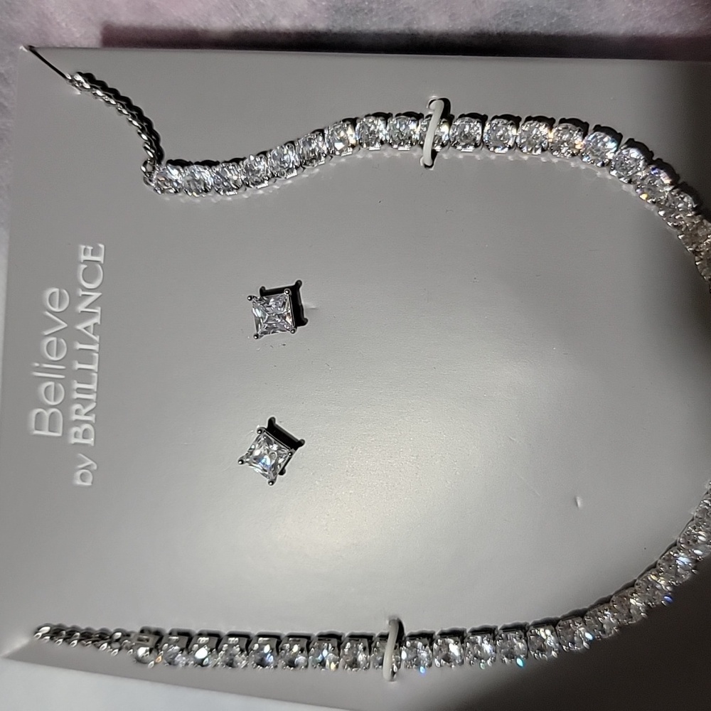 New Believe by Brilliance Necklace & Earring Set Tennis Studs Silver Plated CZ - Picture 7 of 11